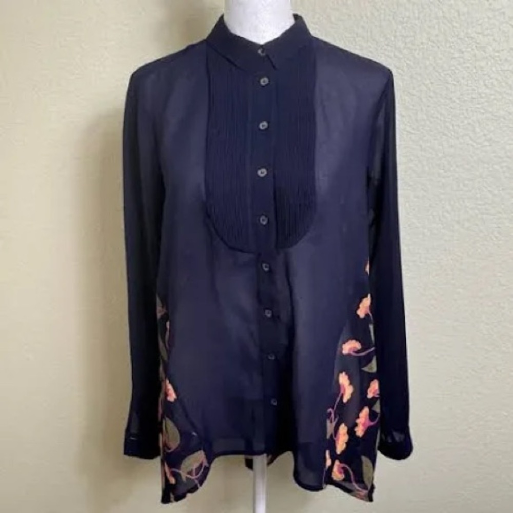 Maeve "Anthropologie" Blue Sheer Floral Side Back HiLo Long Sleeve Top Sz 10